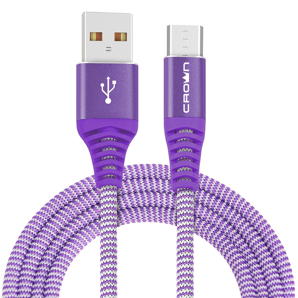 Кабель USB2.0-microUSB , Crown, 1m, фиолетовый, круглый, в тканевой оплетке, коннекторы метал, 2А (CMCU-3102M)