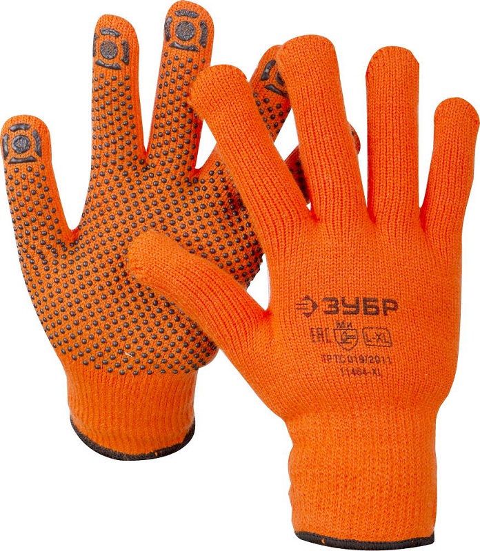 Перчатки акриловые с ПВХ покрытием ладони и пальцев «Точка», 10 класс, L-XL, оранжевы, утепленные с начёсом, Зубр ПРОФЕССИОНАЛ (11464-XL)
