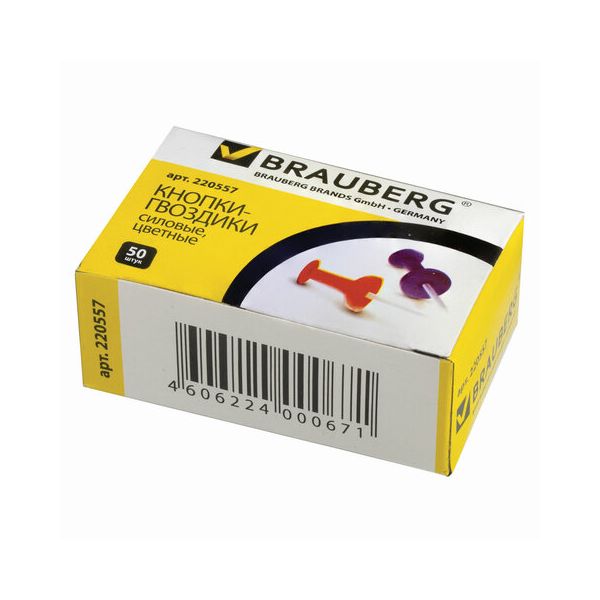 Силовые кнопки-гвоздики BRAUBERG, цветные, 50 шт., в картонной коробке, 220557, (24 шт.)