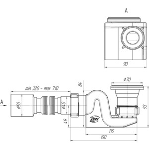 Сифон для душевого поддона АНИ пласт Бриг D50 плоский, с гофрой 320-710 мм (E615)