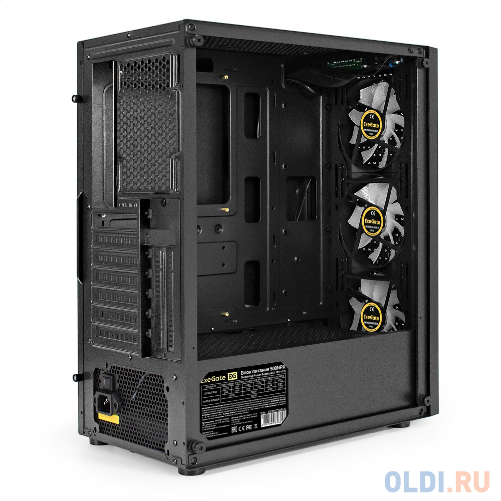 Корпус Miditower ExeGate EVO-8227-NPX500 (ATX, БП 500NPX с вент. 12см, 2*USB+1*USB3.0+HD Audio, черный, 3 вент. с RGB подсветкой, боковая панель - зак в Москвe