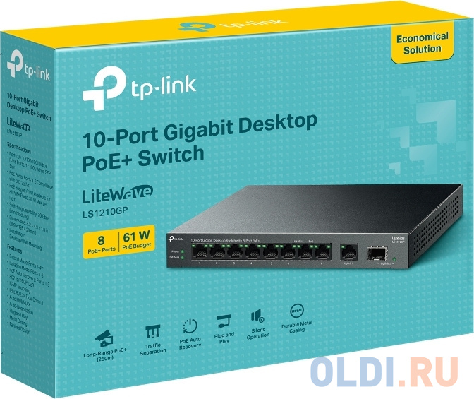 TP-Link LS1210GP, Настольный коммутатор с 9 гигабитными портами RJ45 (8 портов PoE+) и портом SFP, 802.3af/at, бюджет PoE — 61 Вт, до 250 метров в Москвe