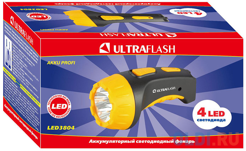 Ultraflash LED3804   (фонарь аккум 220В, черный/желтый, 4 LED, SLA, пластик, коробка)