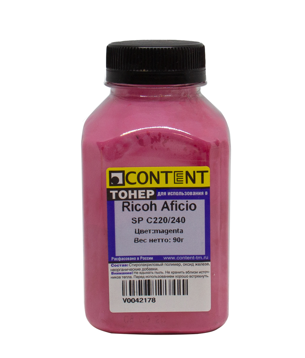 Тонер Content, бутыль 90 г, пурпурный, совместимый для Ricoh 407644/407545 Aficio SP C220N/221N/222DN/240DN/240SF/250DN/260DN/261DNw (V0042178)
