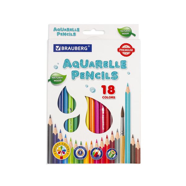 Карандаши цветные акварельные BRAUBERG PREMIUM AQUARELLE, 18 цветов, грифель мягкий 4 мм, 181672