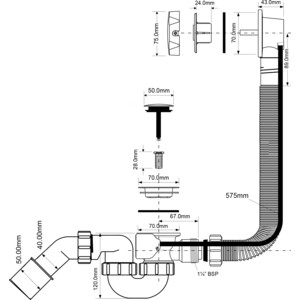 Слив-перелив для ванны McAlpine 57.5 см, хром (MRB2CB-PB)