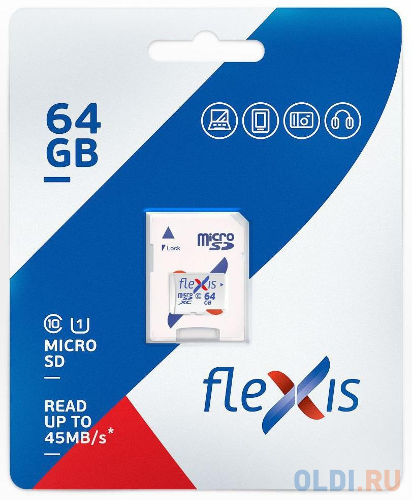 Карта памяти microSDXC 64GB Cl10 U1, c адаптером, Flexis