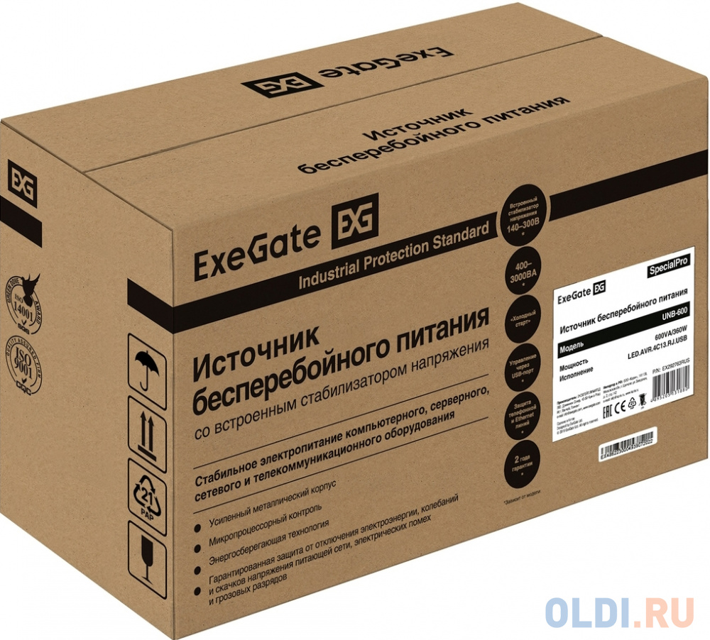 ИБП ExeGate SpecialPro UNB-600.LED.AVR.4C13.RJ.USB <600VA/360W, LED, AVR, 4*C13, RJ45/11, USB, Black>