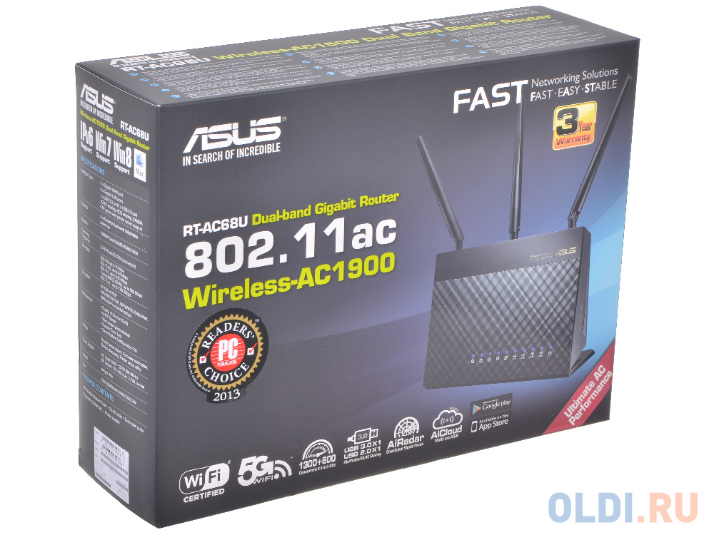 Маршрутизатор ASUS RT-AC68U Двухдиапазонный маршрутизатор AC1900,  Gigabit LANx4,  USB 2.0 x 1, USB 3.0 x 1  3G/4G/Printer server