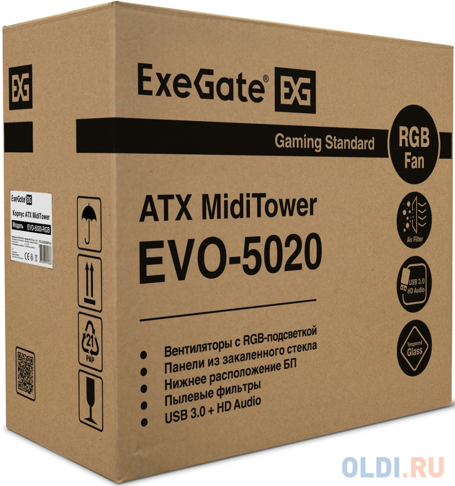 Корпус Miditower ExeGate EVO-5020-NPX600 (ATX, 600NPX 12см, с окном, 2*USB+1*USB3.0, HD аудио, 1 вент. 12см с RGB подсветкой)