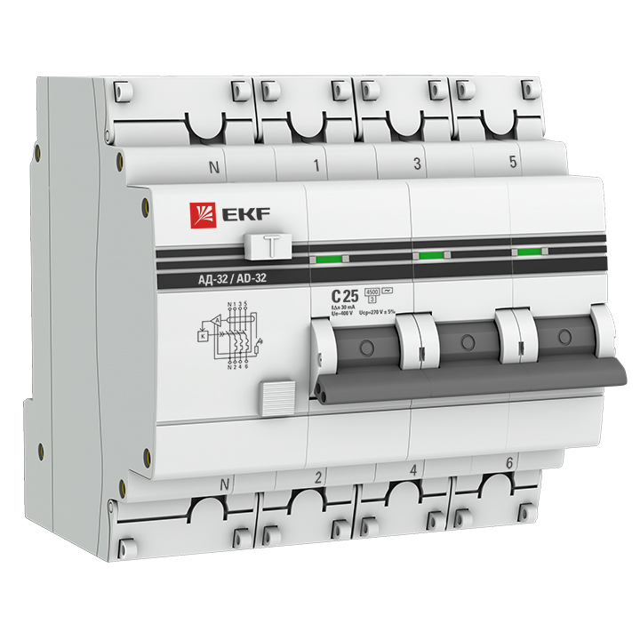 Выключатель автоматический дифференциального тока EKF PROxima АВДТ, 4P, C, 25А, AC/30мА (DA32-25-30-4P-pro)