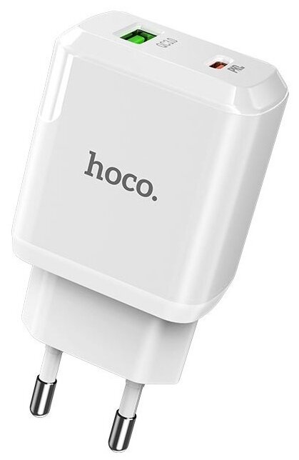 Сетевое зарядное устройство Hoco N5 20W, 2USB, USB/USB type-C, USB type-C, Quick Charge, PD, 3A, белый