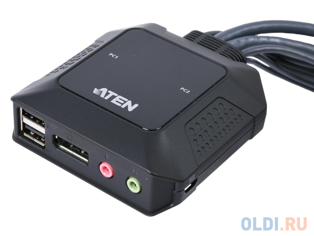 Переключатель KVM ATEN (CS22DP-AT|) KVM,  1 user USB+DisplayPort+AUDIO =>  2 cpu USB+DisplayPort+AUDIO, со встр.шнурами USB 2x1.2м., 2560x1600, нас