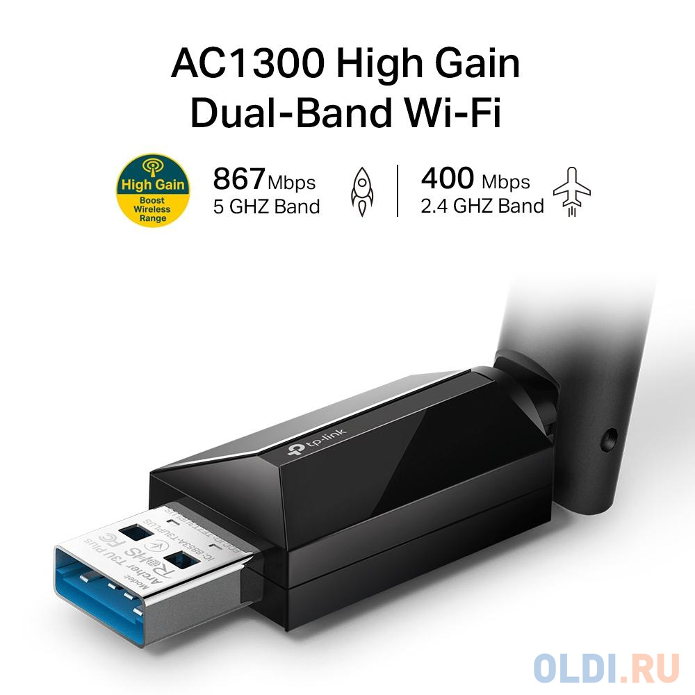 Двухдиапазонный Wi-Fi USB-адаптер высокого усиления Archer T3U Plus AC1300