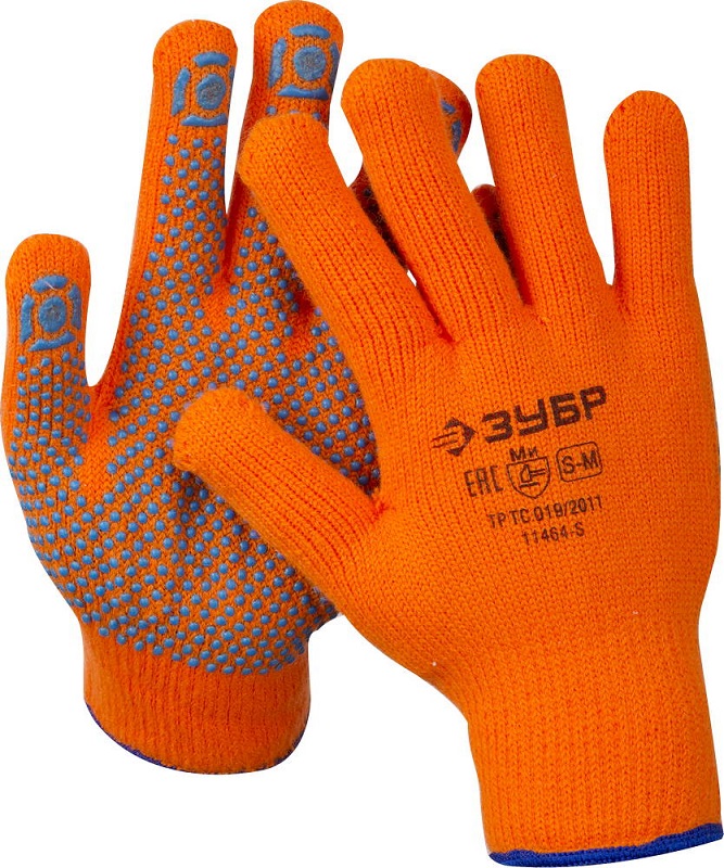 Перчатки акриловые с ПВХ покрытием ладони и пальцев «Точка», 10 класс, S-M, оранжевы, утепленные с начёсом, Зубр ПРОФЕССИОНАЛ (11464-S)