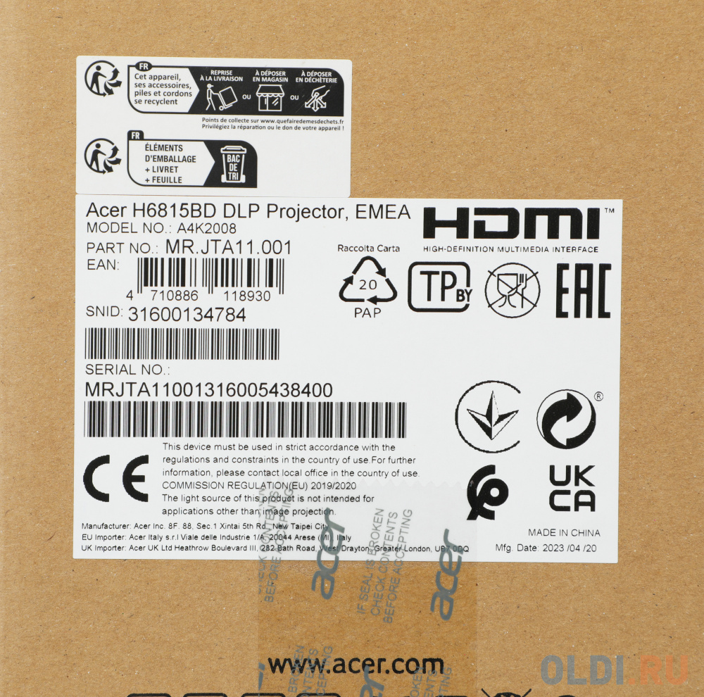 Проектор Acer H6815BD DLP 4000Lm (3840x2160) 10000:1 ресурс лампы:5000часов 2xHDMI 2.88кг