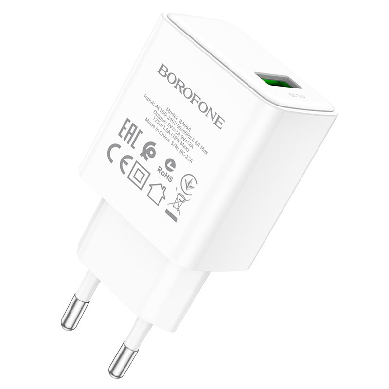 Сетевое зарядное устройство Borofone BA66A 18Вт, USB, Quick Charge, 3A, белый (207909)