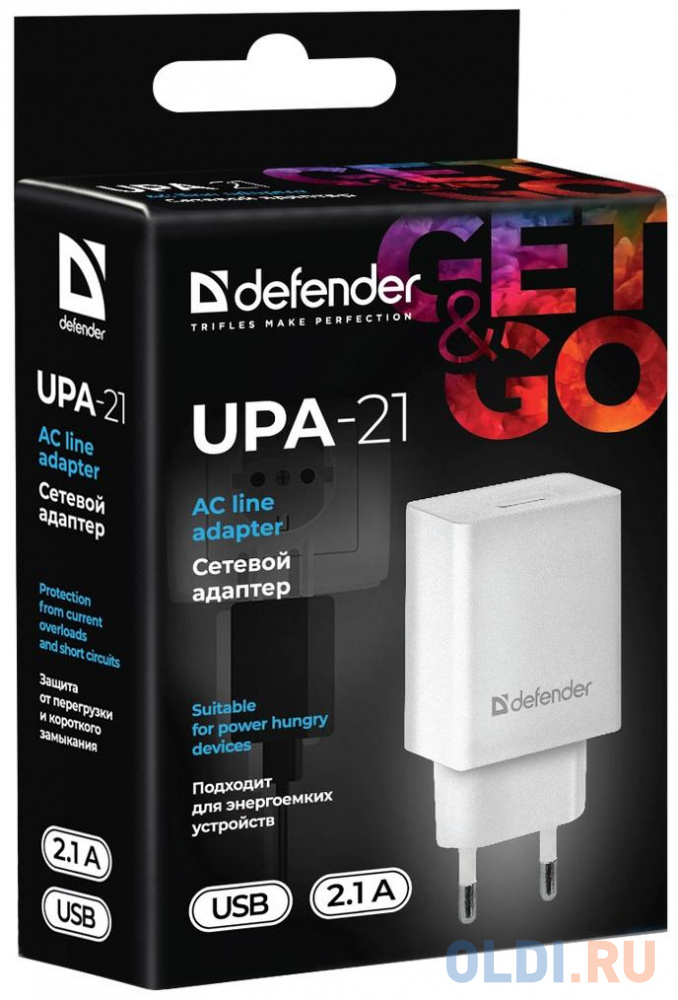 Сетевой адаптер Defender UPA-21 белый, 1xUSB, 5V/2.1А