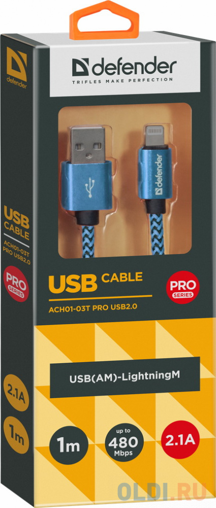 Кабель USB 2.0 Lightning 1м Defender ACH01-03T PRO витой синий