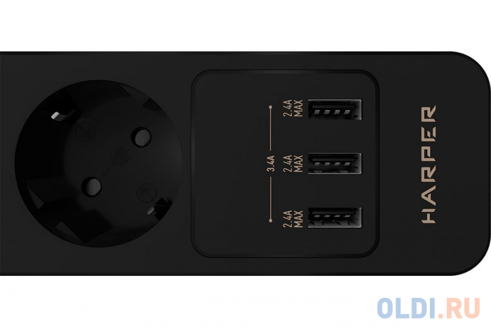 Harper Сетевой фильтр с USB зарядкой UCH-530 Black (5 роз.,1,5м.,3 x USB 2.4A (max 3.4A), 4000W) {H00003010}