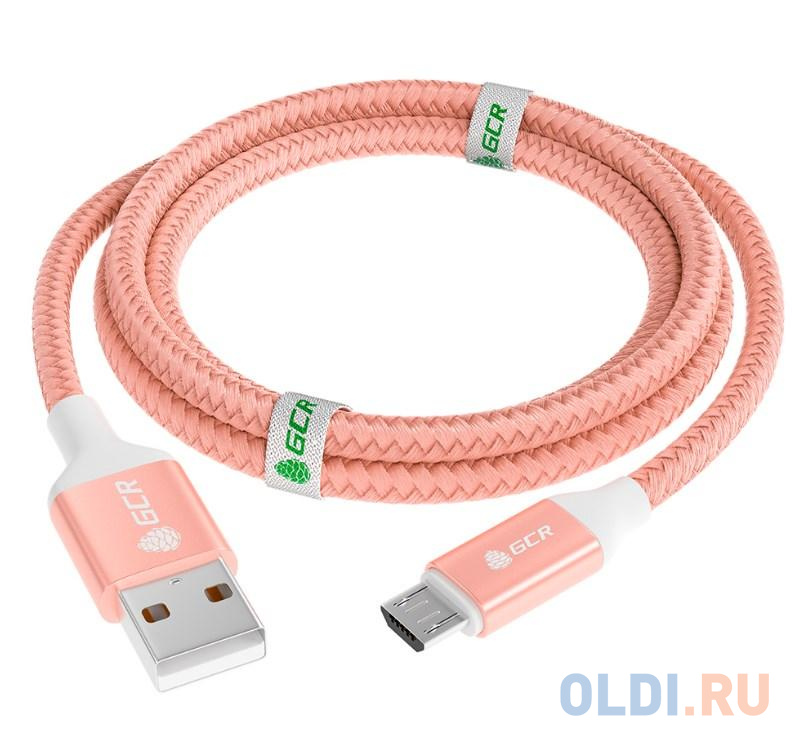 GCR QC Кабель 0.5m MicroUSB, быстрая зарядка, розовый нейлон, AL корпус розовый, белый ПВХ, 28/24 AWG, GCR-52464