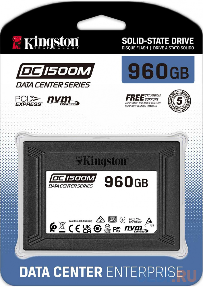 Kingston DC1500M, 960GB, SSD, U.2, NVMe, PCIe 3.0 x4, 3D TLC, R/W 3100/1700MB/s, IOPs 440 000/150 000, 1750TBW, DWPD 1 (5 лет) в Москвe