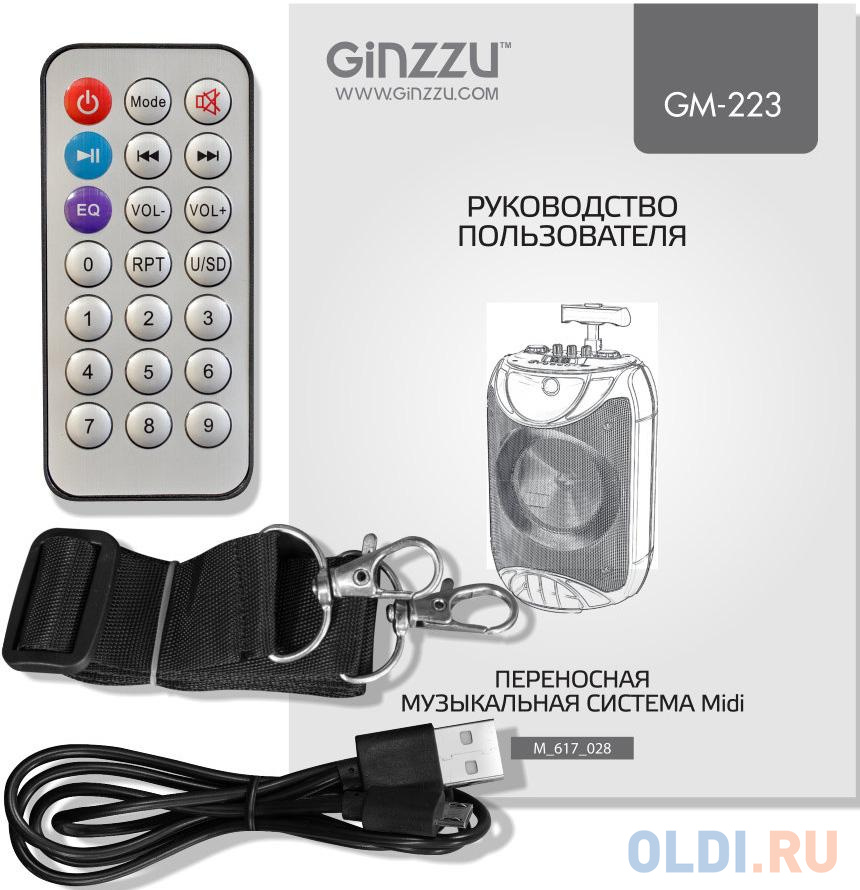 Ginzzu GM-223 {(V5.0), 40Вт, 150Гц- 18кГц, USB-flash, microSD-card, FM-радио, пульт ДУ,  батарея 3,6В/3600мАч, эквалайзер}