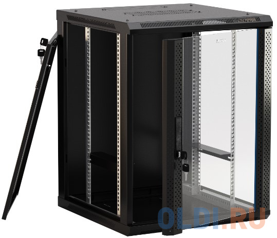 Шкаф настенный Hyperline TWB-0645-GP-RAL9004 19-дюймовый (19"), 6U, 367x600х450мм, стеклянная дверь с перфорацией по бокам, ручка с замком, цвет в Москвe