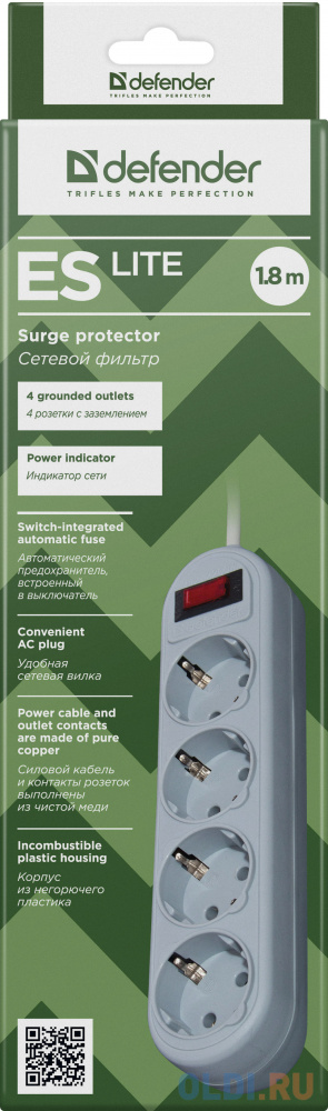 Сетевой фильтр Defender ES Lite 1.8 m grey 4 розетки в Москвe