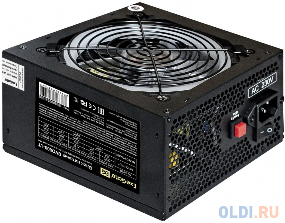 Блок питания 800W ExeGate EVO800-LT (ATX, APFC, PC, 12cm RGB fan, 24pin, (4+4)pin, PCI-E, 5xSATA, 3xIDE, FDD, black, кабель 220V в комплекте)