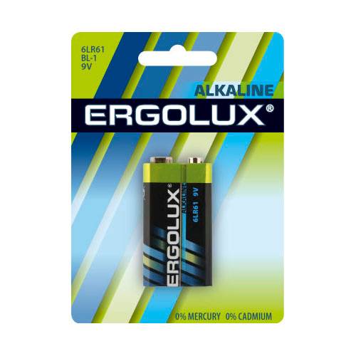 Батарейка 9V Ergolux Alkaline 6LR61 BL-1, в комплекте 1шт. (11753)