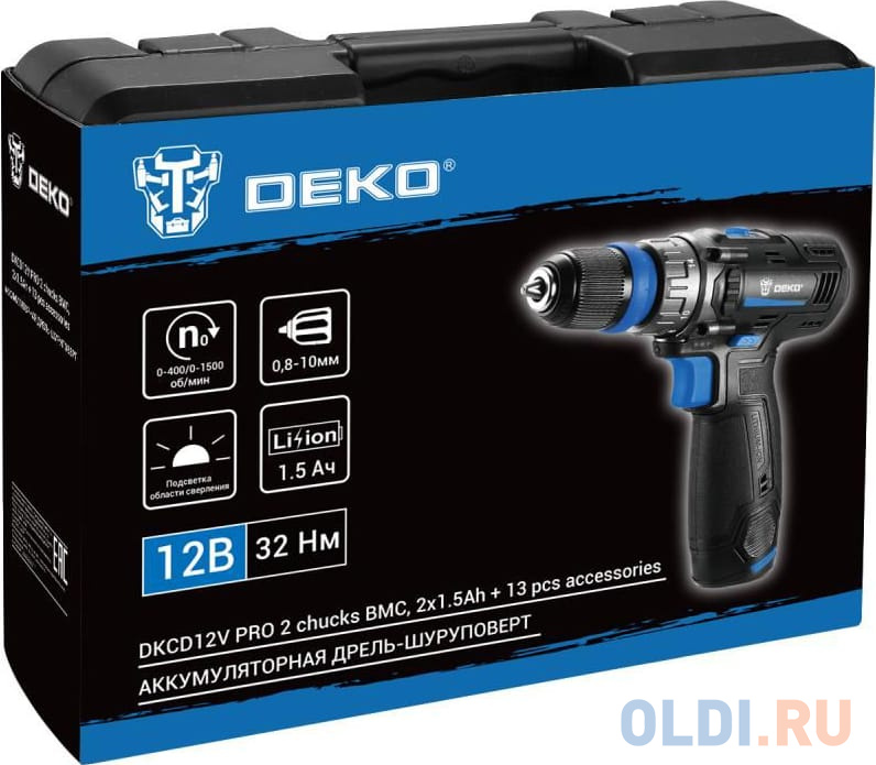 Аккумуляторная дрель-шуруповерт DEKO DKCD12V PRO [083-1004] { в кейсе co съемным патроном + оснастка 13 шт, 12В, 2х1.5Ач }