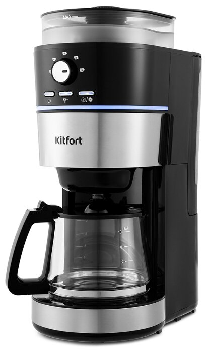 Кофеварка капельная Kitfort KT-737, 1 кВт, кофе молотый / зерновой, 1.25 л/1.25 л, дисплей, черный/серебристый