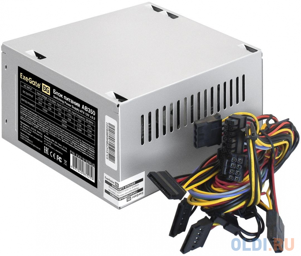 Exegate EX219182RUS-S Блок питания AB350, ATX, SC, 8cm fan, 24p+4p, 3*SATA, 2*IDE, FDD + кабель 220V с защитой от выдергивания