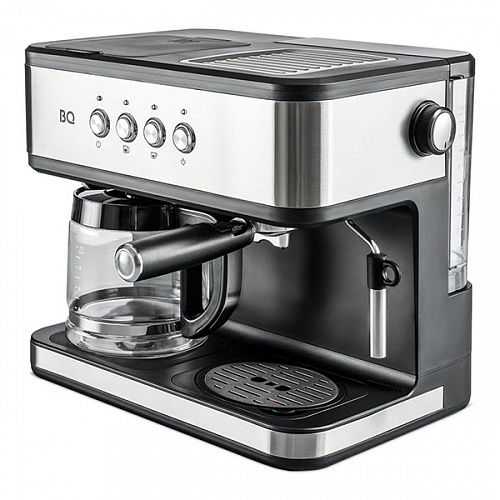 Кофеварка рожковая и капельная BQ CM1005, 1.85 кВт, кофе молотый, 1.5 л, капучинатор, черный/серебристый