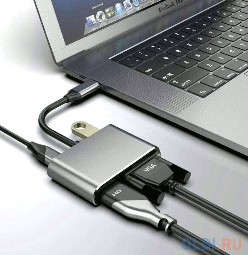 Кабель-концентратор USB3.1 TypeCm -->HDMI+USB3.0+PD+VGA Alum Grey 4K@30Hz, Telecom<TUC055>