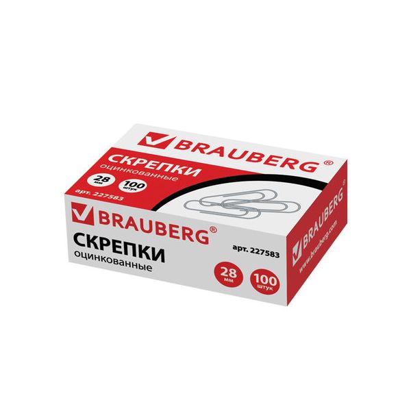 Скрепки BRAUBERG, 28 мм, оцинкованные, 100 шт., в картонной коробке, 227583, (30 шт.)