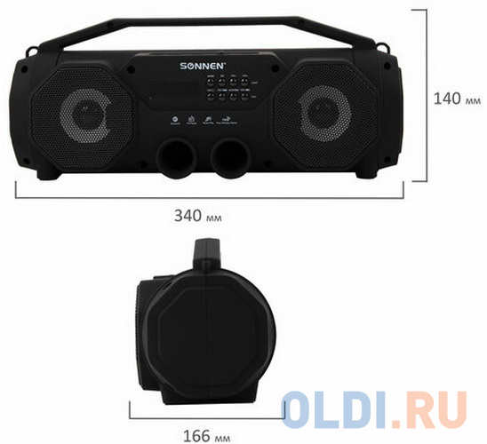 Колонка портативная с подсветкой SONNEN B306, 12 Вт, Bluetooth, FM-тюнер, microSD, MP3-плеер, черная, 513479