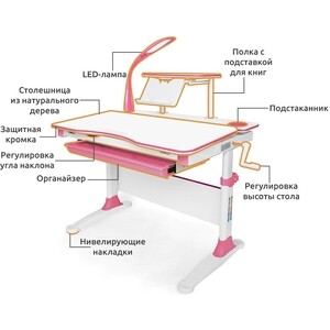 Парта Mealux EVO EVO Diego (Evo-30) pink дерево, столешница белая / ножки белые с розовыми накладками