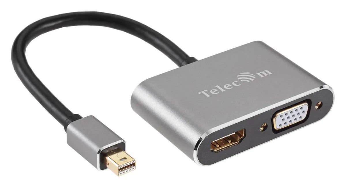 Адаптер Telecom Mini DisplayPort (M) -> HDMI (F) + VGA (F), 4K@30Hz, 0.2m, Alum Grey, (TA6080) в Москвe