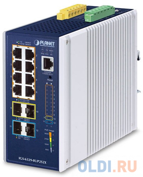 коммутатор/ PLANET IGS-6329-8UP2S2X IP30 DIN-rail Industrial L3 8-Port 10/100/1000T 802.3bt PoE + 2-port 1G/2.5G SFP + 2-Port 10G SFP+ Full Managed Sw