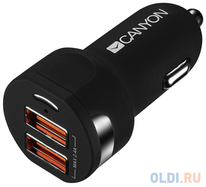 Автомобильное зарядное устройство CANYON Universal 2xUSB car adapter, Input 12V-24V, Output 5V-2.4A, with Smart IC, black rubber coating with silver e в Москвe