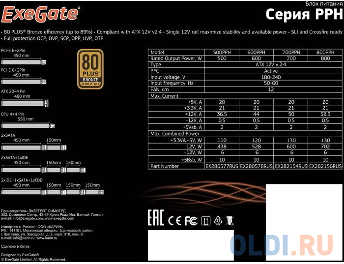 Блок питания Exegate 500PPH 500 Вт