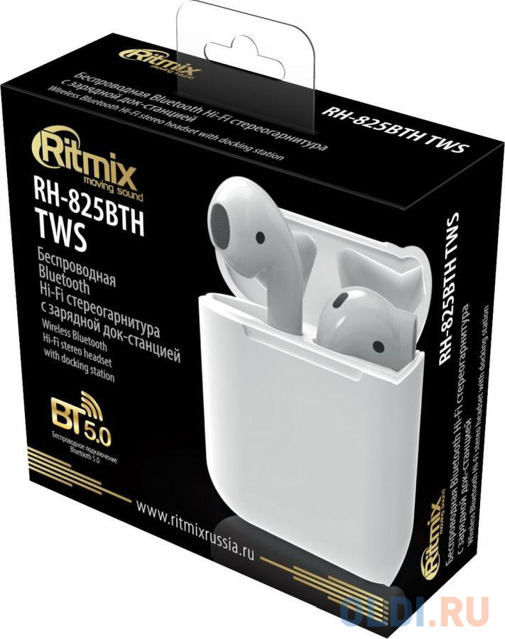 RITMIX RH-825BTH TWS white {Bluetooth 5.0 + EDR, сенсорное управление, 12 мм, 20-20000 Гц, 32 Ом, 35 мАч (наушники), 350 мАч } в Москвe