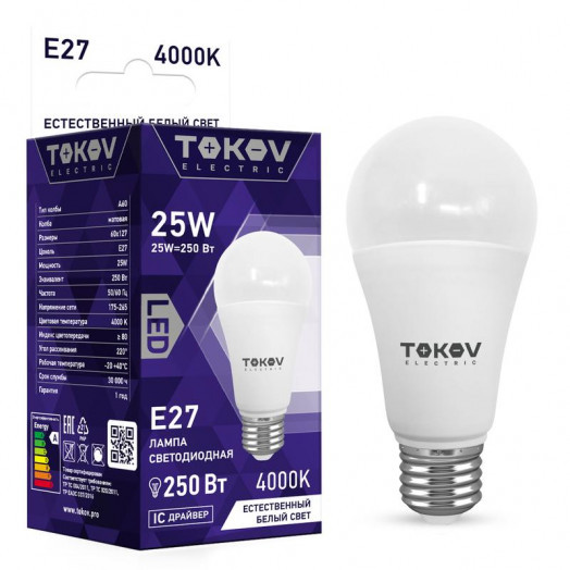 Лампа светодиодная E27 груша/A60, 25Вт, 4000K-4000K / белый, 2400лм, TOKOV ELECTRIC (TKE-A60-E27-25-4K)