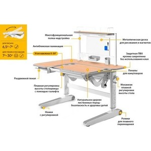 Парта трансоформер Mealux Kingwood Multicolor MG с полкой, столешница клен, накладки на ножках серые (BD-820 MG Multicolor + BD P-17 MG)