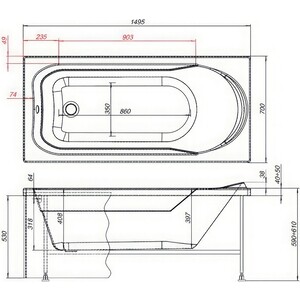 Акриловая ванна Aquanet West 150x70 с каркасом, панелью и слив-переливом