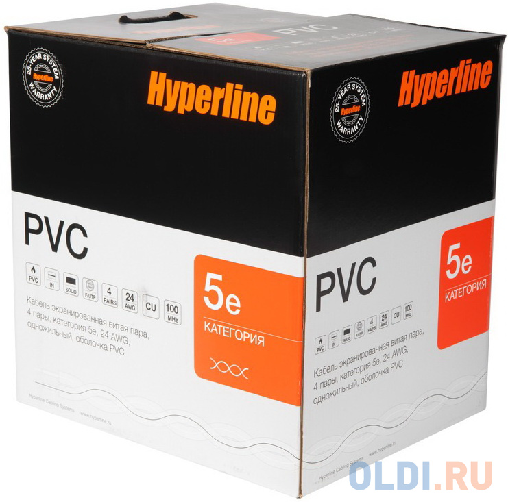 Кабель информационный Hyperline FUTP4-C5E-S24-IN-PVC-GY-305 кат.5е F/UTP общий экран 4X2X24AWG PVC внутренний 305м серый в Москвe