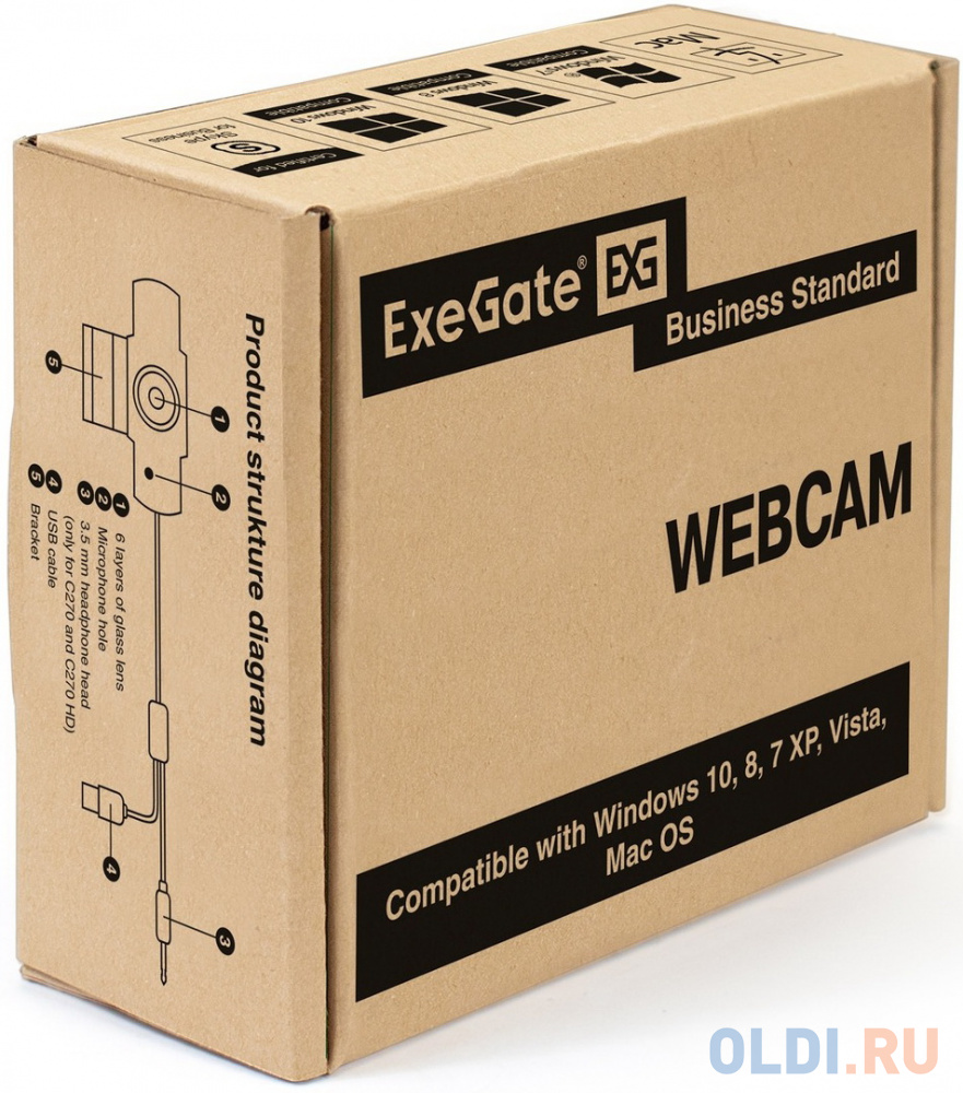 Exegate EX286181RUS Веб-камера ExeGate GoldenEye C270 HD {матрица 1/3" 1 Мп, 1280х720, 720P,USB+3.5 mm Jack, микро. с шумоподавлением, фикс. фоку