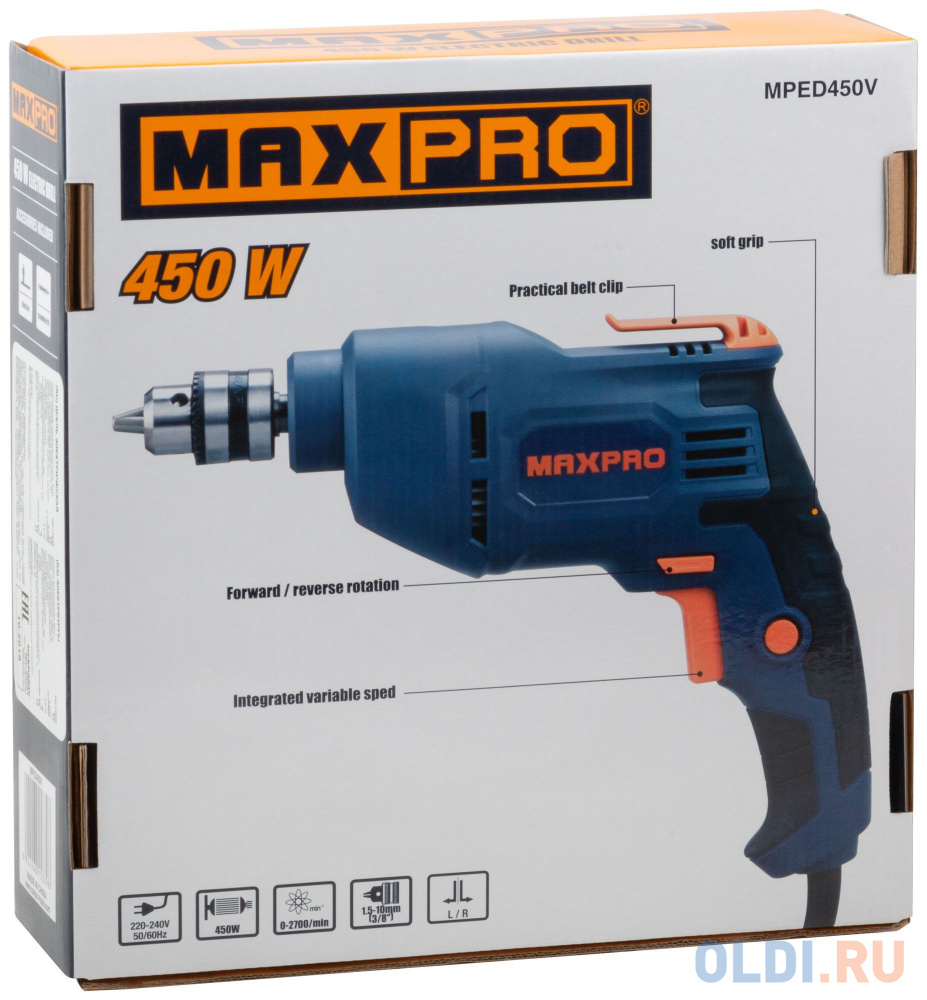 FIT MPED450V MAX-PRO Дрель Электрическая {450Вт; 0-2700об/мин; Ключевой патрон 0,8-10мм;1,2 кг; Резиновые вставки; кор.} [85051]